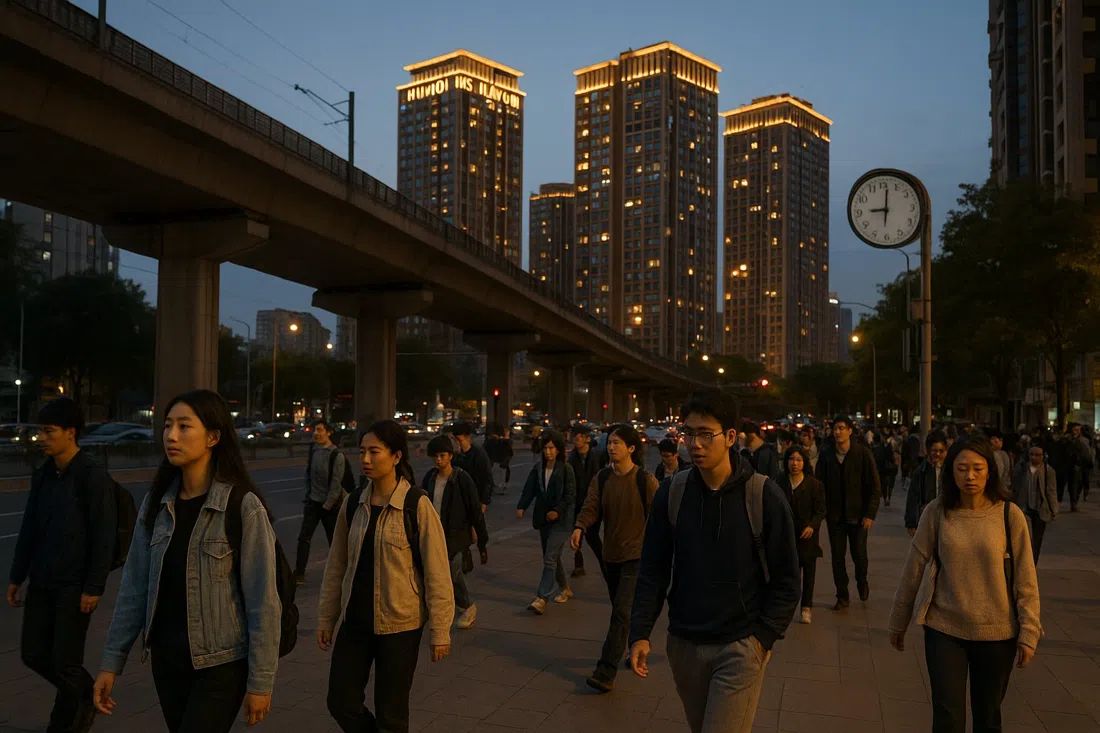 Chengfu Road outside Wudaokou station at dusk, with the elevated Line 13 tracks overhead, Huaqing Jiayuan towers lit up, and student foot traffic filling the pavement