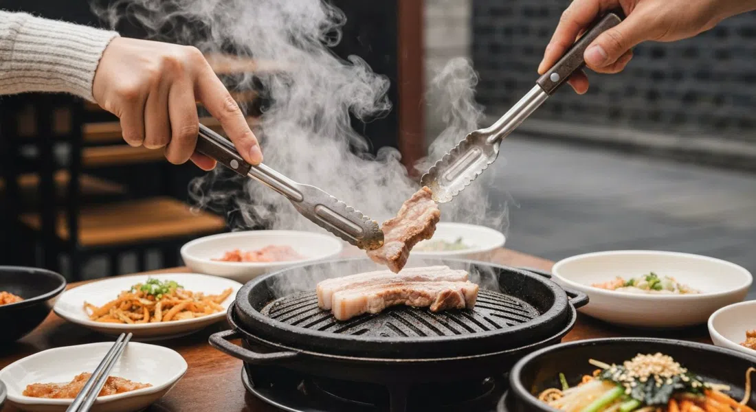 grilled streaky pork belly and bibimbap at Han Na Shan, steam rising from a hot stone pot and metal grill tongs turning meat at the table