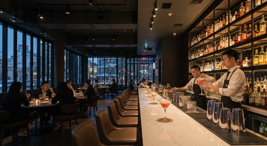 the dim interior of Catail in the Huaqing commercial tower, soft lighting on the bar, a bartender shaking a cocktail and a quiet date-night atmosphere