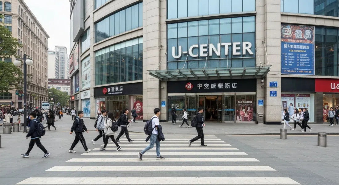 the exterior of U-Center on 28 Chengfu Road near Wudaokou station, with storefront signs, students crossing the plaza and the mall entrance in daytime light