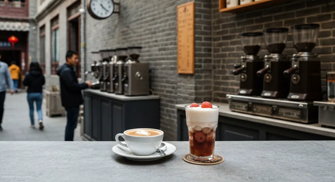 a flat white and a lychee-infused coffee on the counter at Metal Hands in Wudaoying Hutong, with vintage lever machines and grey-brick walls behind