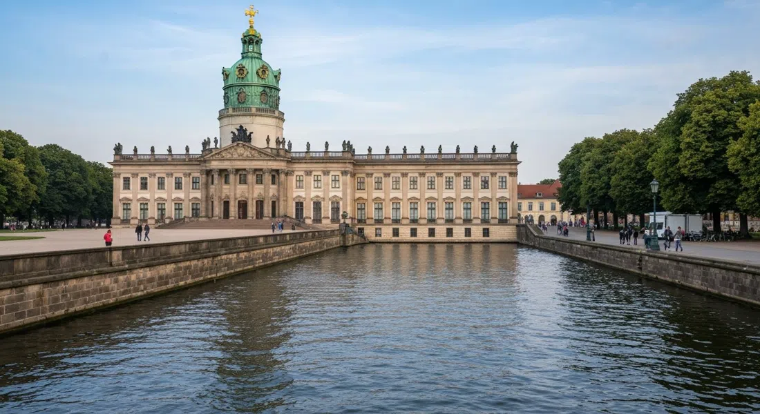 Schloss Charlottenburg’s baroque palace facade and formal gardens in soft morning light, with the long riverside axis leading toward the Spree