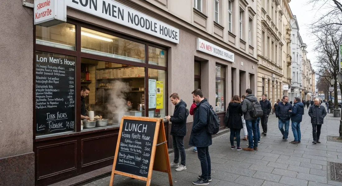 the narrow frontage of Lon Men’s Noodle House on Kantstraße with a small queue outside at lunch, steam and handwritten menu details visible through the window