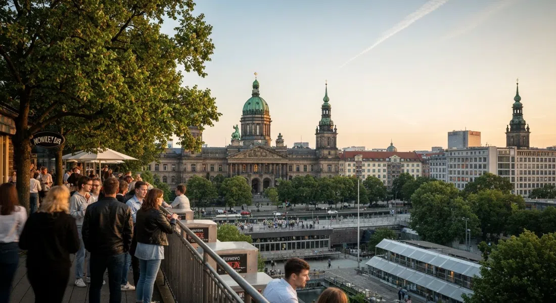 Monkey Bar at golden hour with the zoo visible below through the glass and the western Berlin skyline fading beyond the terrace