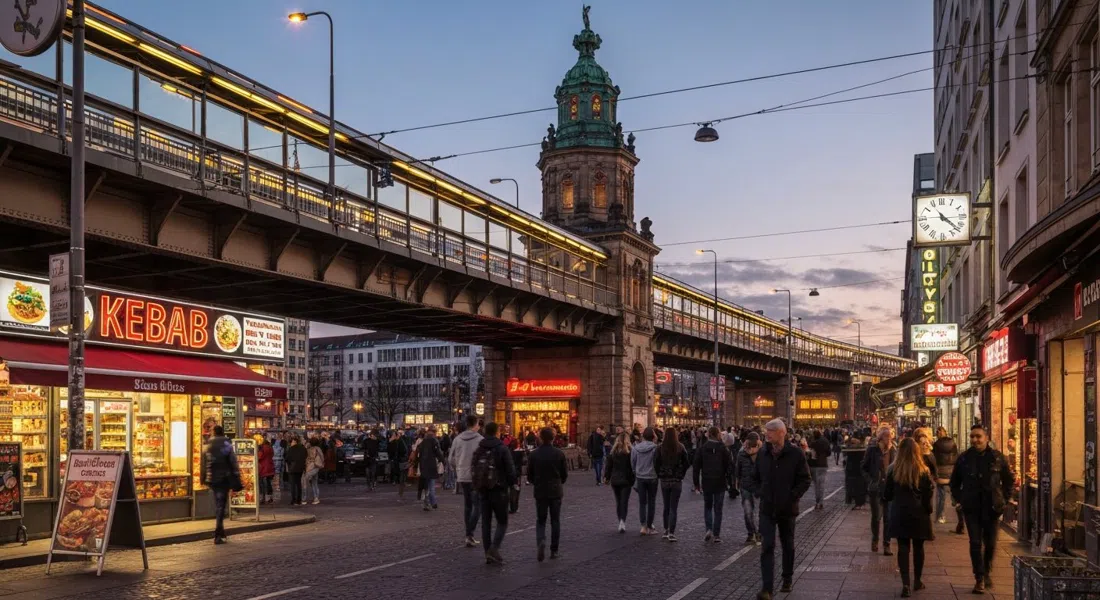 Kottbusser Tor at dusk, the elevated U1 viaduct overhead, kebab shops and neon signs glowing below