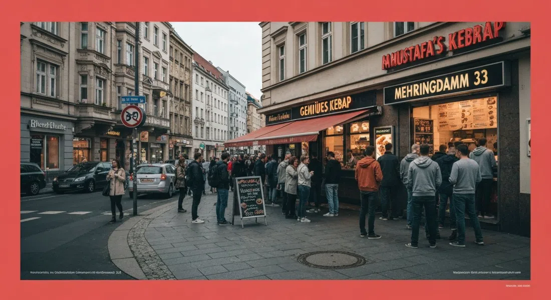the queue outside Mustafa's Gemüse Kebap at Mehringdamm 33 in late afternoon, takeaway wraps and the street corner packed with people
