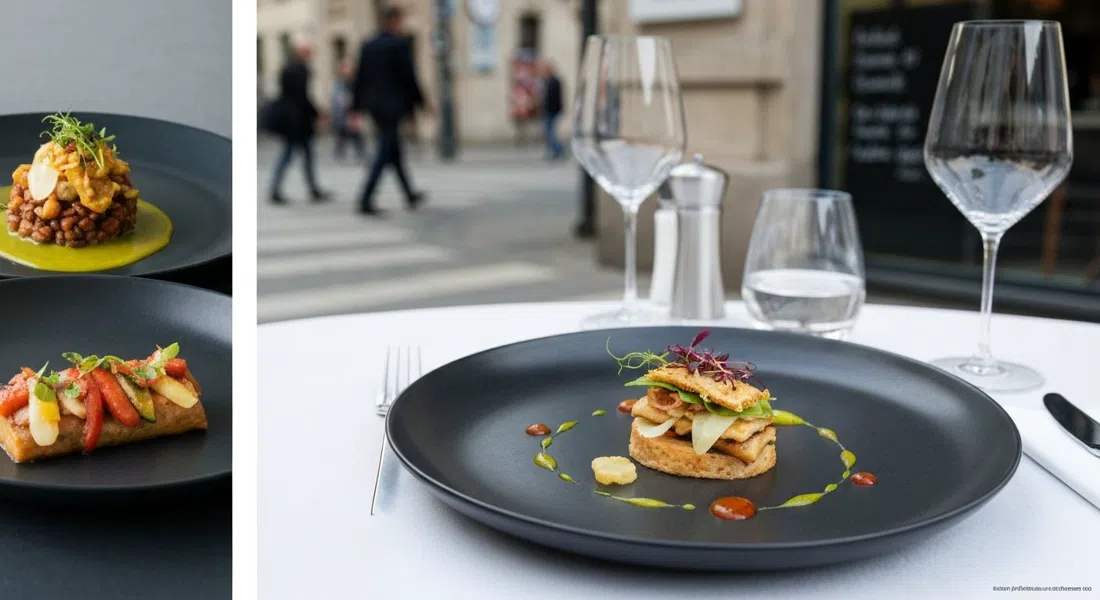 a refined plated tasting-menu dish at Restaurant Tim Raue, precise Asian-inflected fine dining on a dark plate