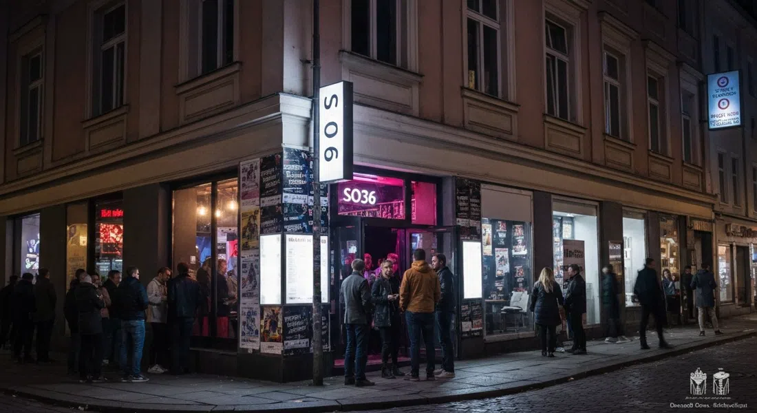 SO36 on Oranienstraße at night, club entrance lit up, people gathering under posters and streetlight