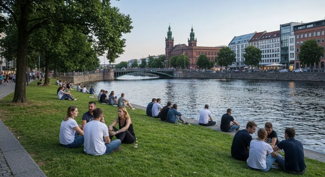 the Landwehrkanal by Paul-Lincke-Ufer on a summer evening, people sitting on the grass with beers near the water