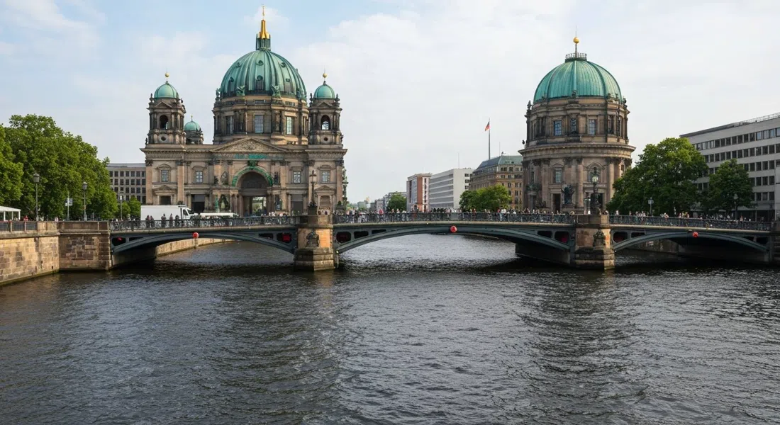 Museum Island on the Spree at daylight, the Berlin Cathedral dome and the Humboldt Forum framing the river with visitors crossing the bridges