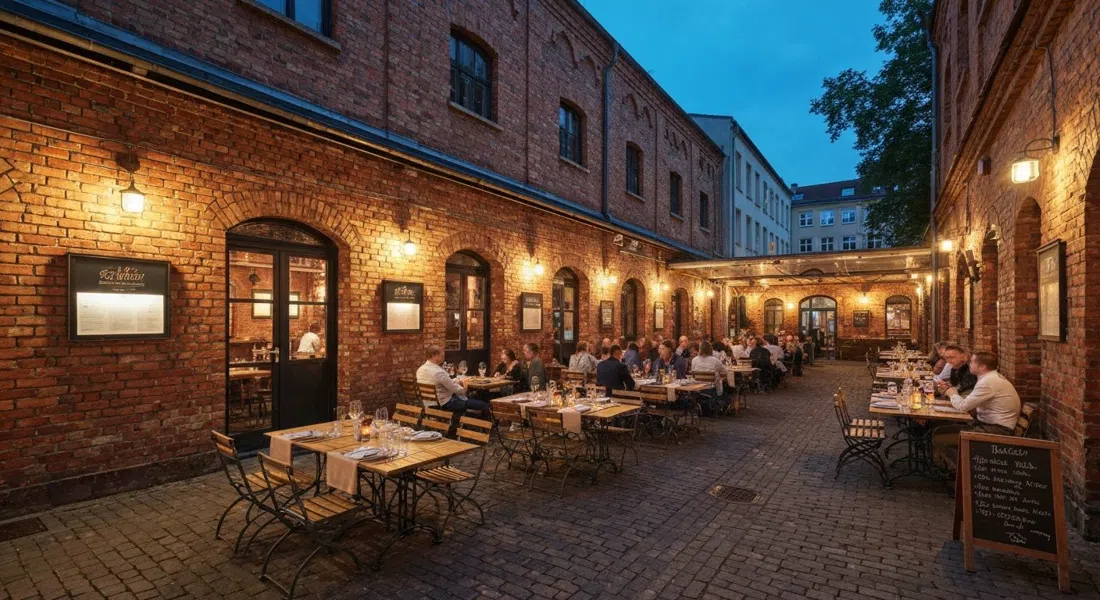 Katz Orange courtyard dining room on Bergstraße at night, warm light on the converted brewery brickwork and tables set for dinner