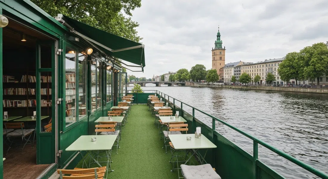 the green terrace at Buchkantine on the Spree, with riverside tables, bookshelves visible inside, and calm water beyond