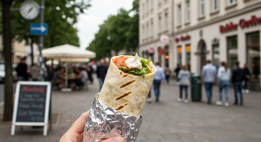 a shawarma wrap from Aldimashqi on Reuterstraße, foil and paper held in hand on a Neukölln sidewalk, garlic sauce visible at the cut edge