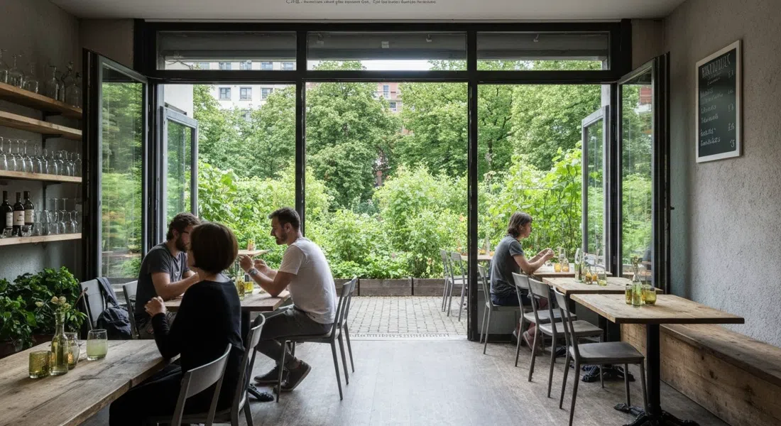 Café Botanico’s dining room opening onto its 1,000m² permaculture garden on Richardstraße, leafy rows visible behind the tables in soft afternoon light