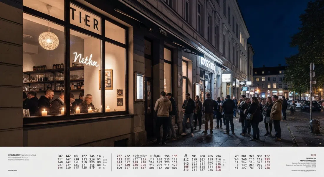 the candlelit front window of TiER and the grungy glow from Ä next door on Weserstraße at night, people standing shoulder to shoulder outside
