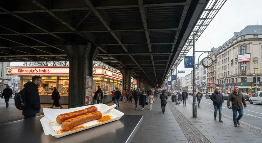 Konnopke’s Imbiss under the elevated U2 at Eberswalder Straße, currywurst on a paper tray with curry powder and late-day commuters in frame