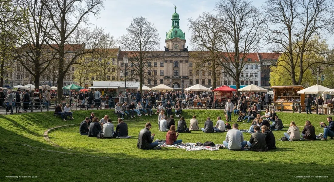 Mauerpark on a Sunday afternoon, Bearpit karaoke crowd gathered on the grassy bowl with flea market stalls and spring light