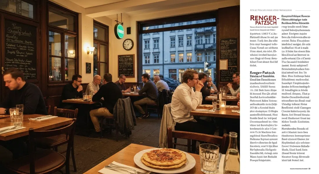the dining room at Renger-Patzsch on Wartburgstraße, warm evening light catching a Flammkuchen on the table and a lived-in neighbourhood restaurant atmosphere