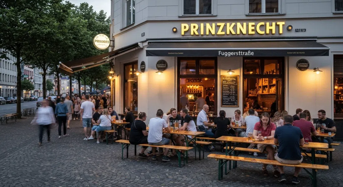 the exterior of Prinzknecht on Fuggerstraße at dusk, beer benches on the pavement filling with people before Pride and the bar’s windows glowing warm