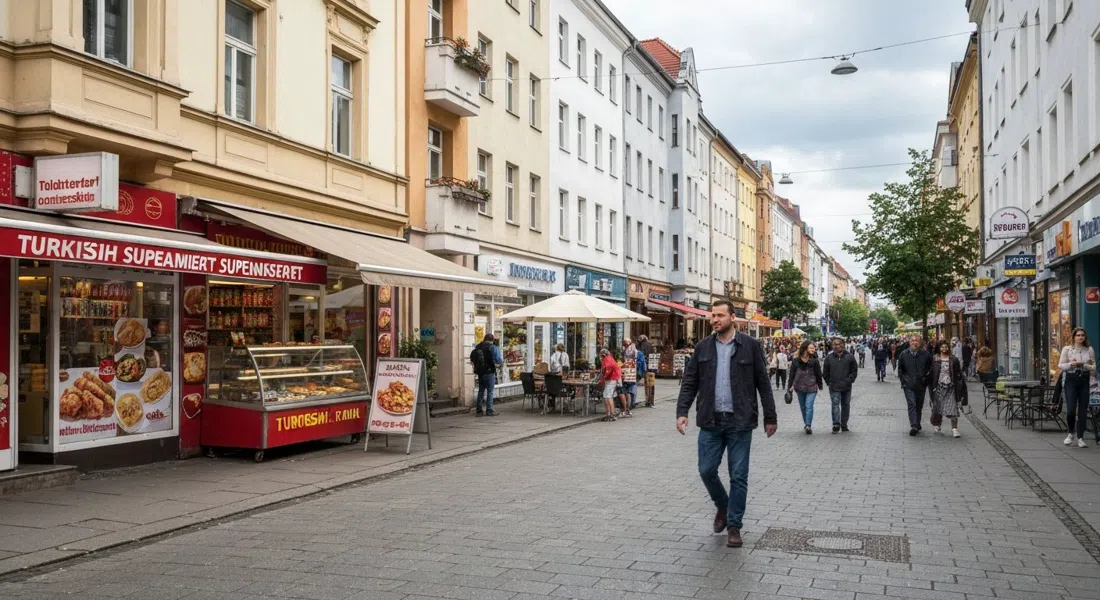 Müllerstraße in Wedding with Turkish supermarkets, rotisserie counters and phone-repair shops under Wilhelmine tenements on a busy daytime stretch
