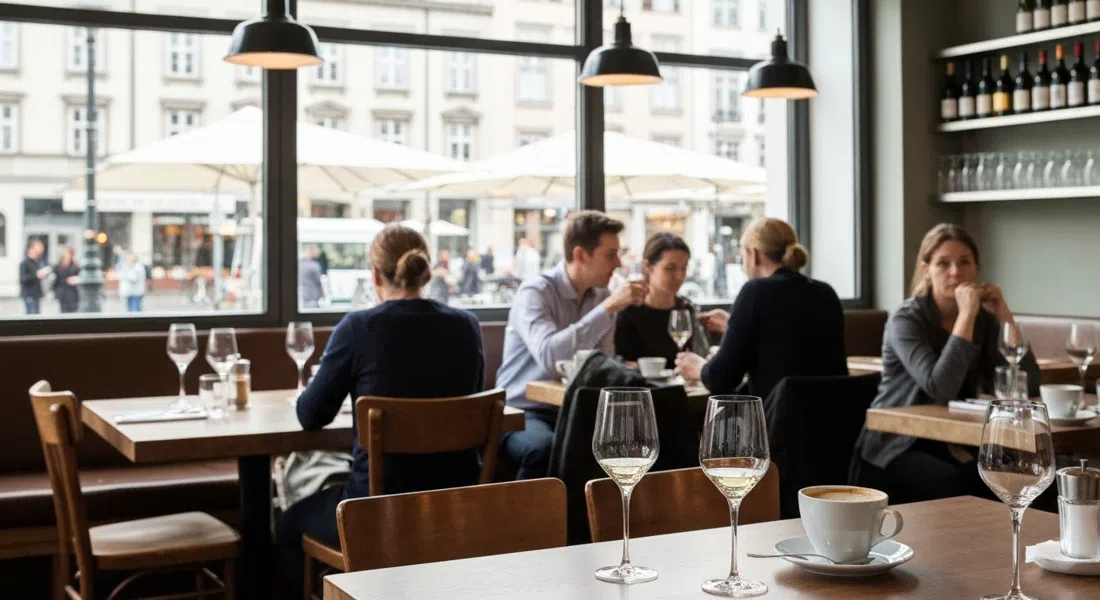the daytime interior of Julius on Nettelbeckplatz, with wine glasses, coffee cups and a calm lunch service atmosphere
