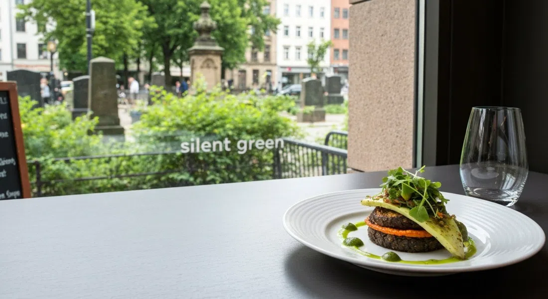 a plated vegetarian dish at MARS inside silent green, with old cemetery greenery visible through the window in soft daylight