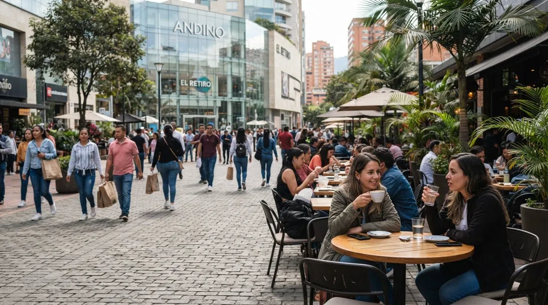the cobbled pedestrian T at Calle 82 and Carrera 12A in Zona T, with terrace tables, glass-fronted mall facades and late-morning light
