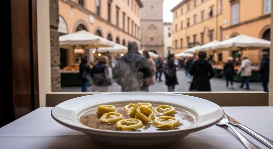 a bowl of tortellini in brodo at Sfoglia Rina, steam rising over the broth with the busy market just beyond the window
