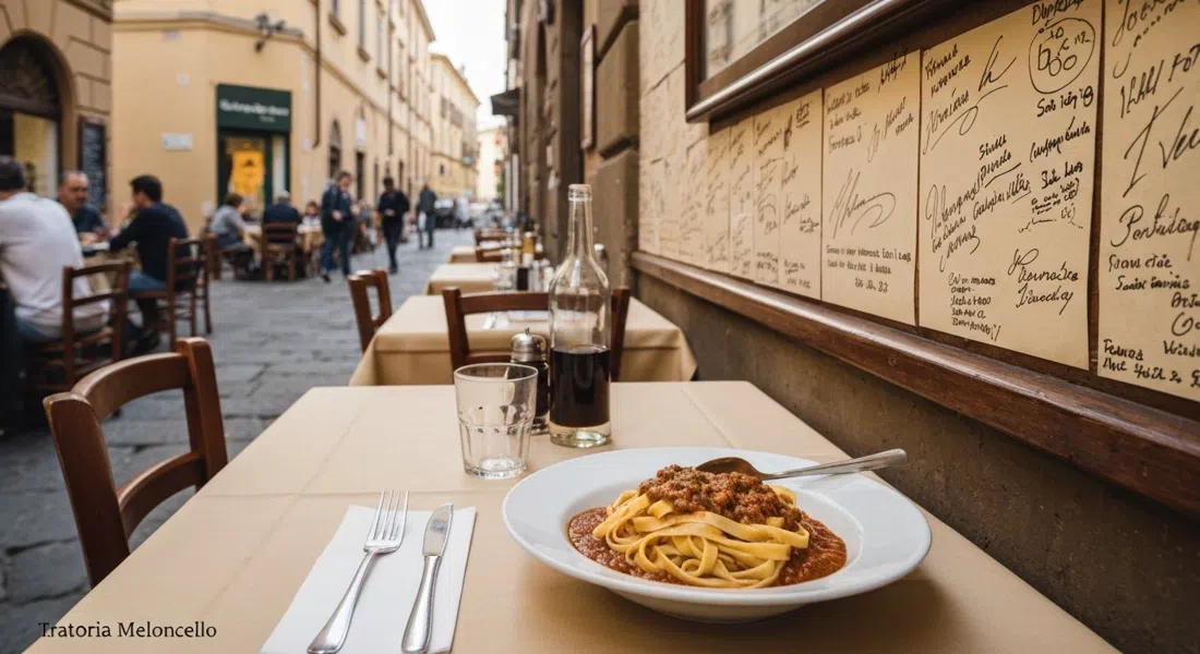 a table at Trattoria Meloncello with tagliatelle al ragù and handwritten wall autographs behind, warm trattoria light