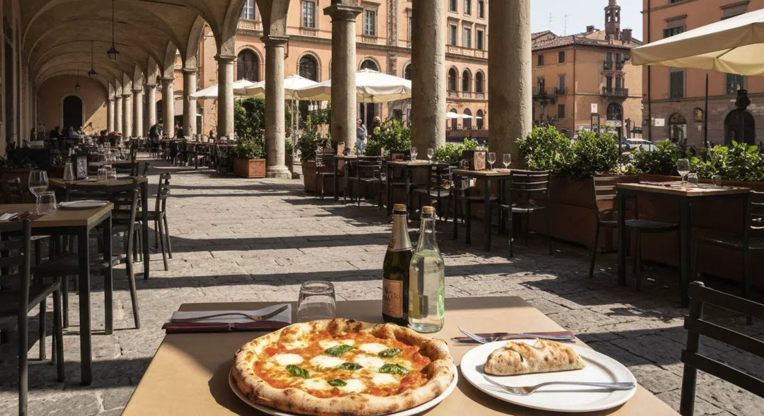 the garden terrace at Berberè Porta Saragozza with long-fermented pizza on the table and portico shadows across the seating