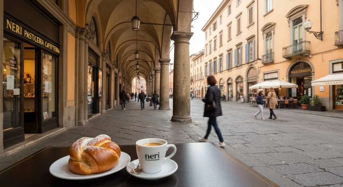 a brioche and espresso at Neri Pasticceria Caffetteria under Via Saragozza’s arcade, morning light and passing locals