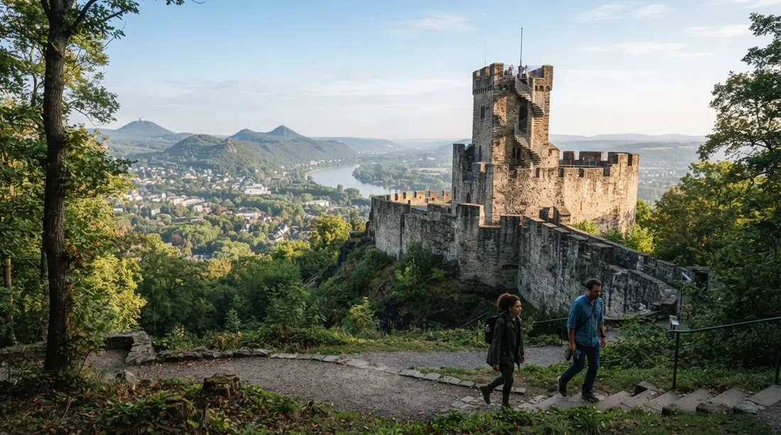 the climbable keep of the Godesburg on its volcanic hill above Bad Godesberg, seen in soft morning light with the Rhine Valley and Siebengebirge beyond