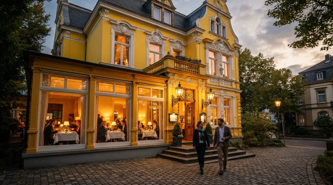 halbedel's Gasthaus in a canary-yellow Wilhelminian villa, with elegant dining-room windows and a refined evening atmosphere in Bad Godesberg