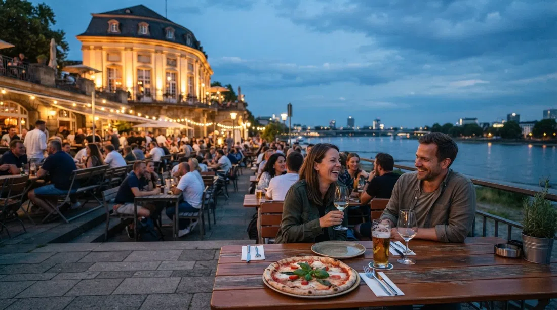 the Bastei pavilion at Von-Sandt-Ufer 1 on the Rhine, with Basteria below and wood-fired pizza served beside the water at dusk