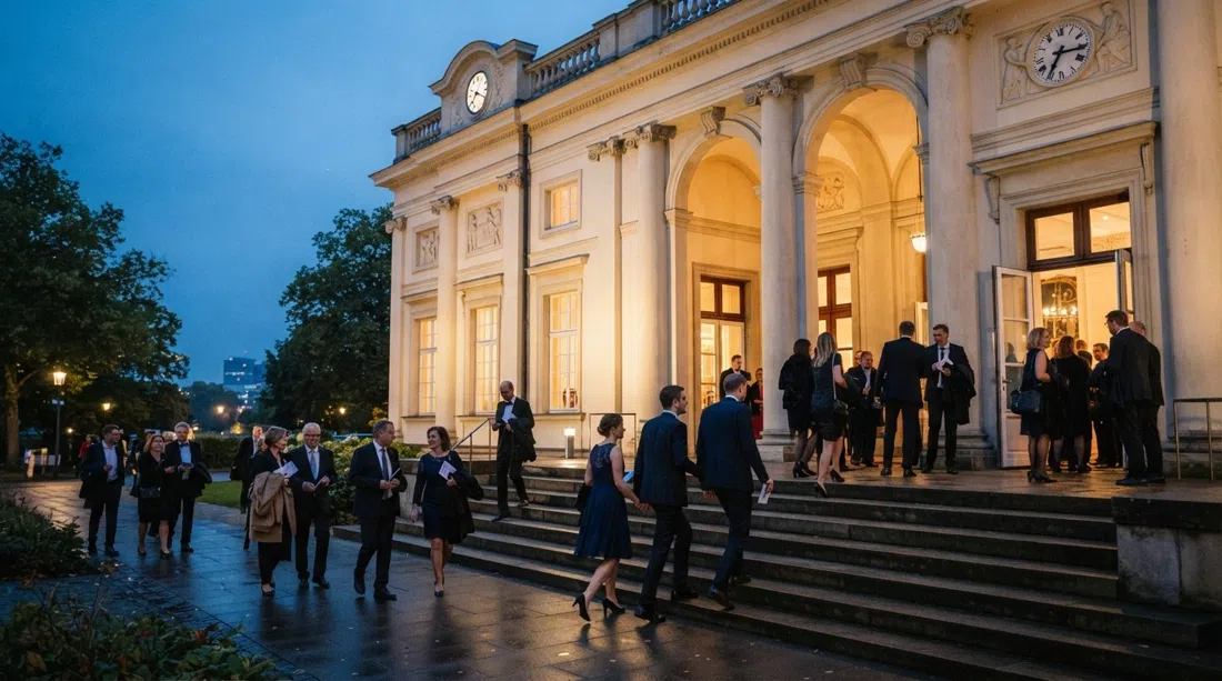 the historic façade of La Redoute at dusk, with concert-goers arriving for an evening performance in the old assembly rooms