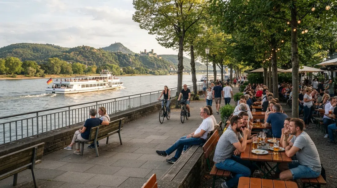 the Rhine promenade in Bad Godesberg with benches, a beer garden and a ferry passing on the river in late afternoon light