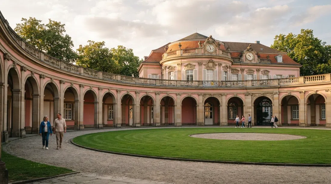 Poppelsdorfer Schloss in Bonn at soft afternoon light, its pink baroque facade and rare circular arcaded courtyard framed by the university grounds