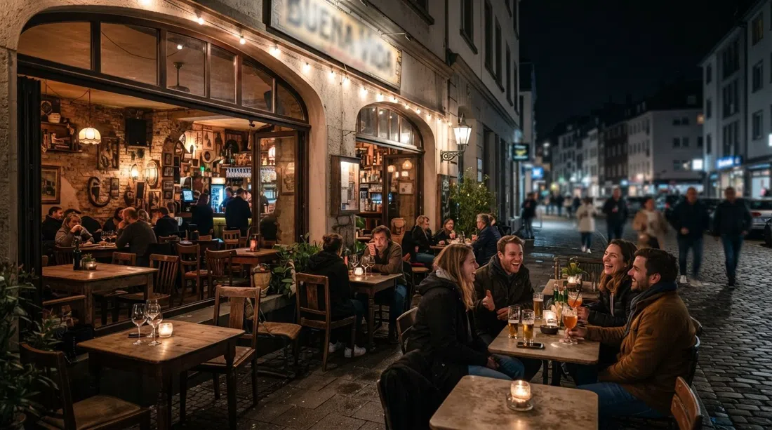 Buena Vida Havanna at Clemens-August-Straße 1 in Bonn, vintage furniture inside and terrace tables looking out onto the lively street at night
