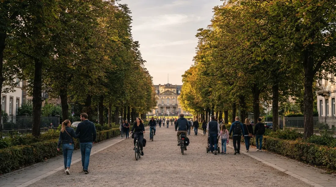 the chestnut-lined Poppelsdorfer Allee in Bonn at late afternoon, a long formal promenade receding toward the palace, with walkers and cyclists under the trees