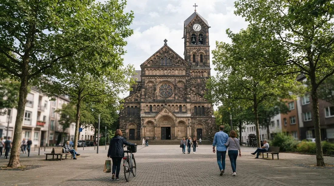 St. Elisabeth church in Bonn Südstadt, the neo-Romanesque facade seen from street level with mature trees and the broad church forecourt in soft daylight