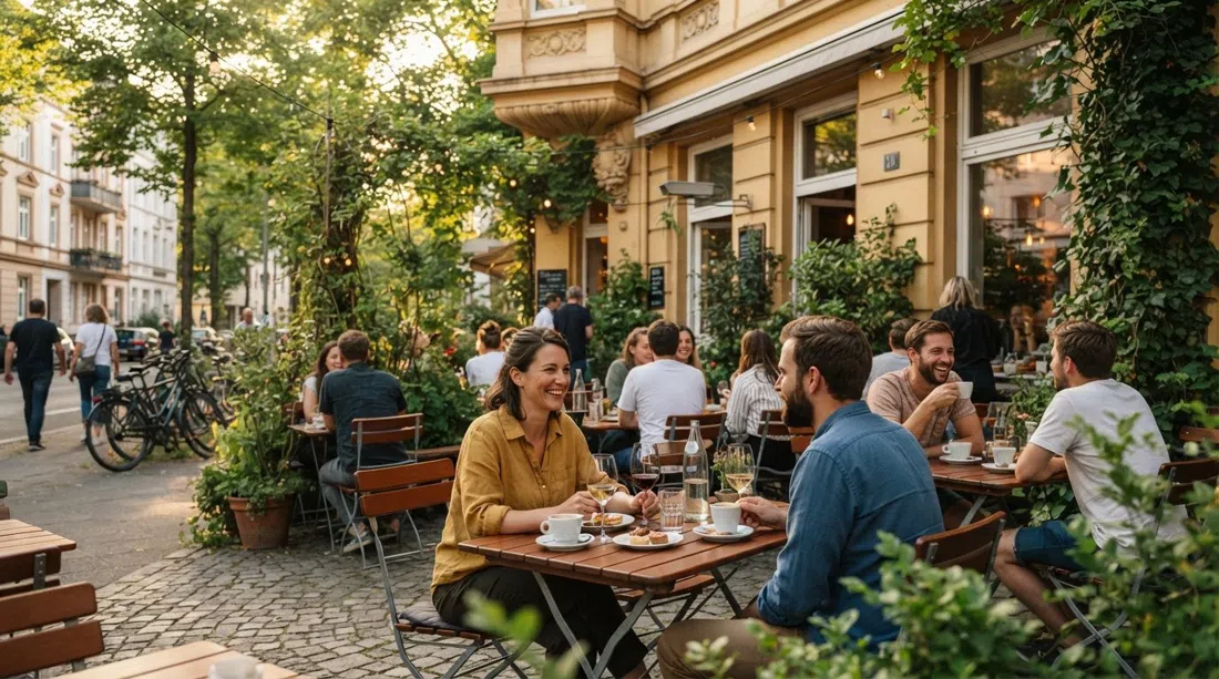 the terrace of Café von & zu on Bonner Talweg in Bonn Südstadt, tables under greenery with a warm late-afternoon café atmosphere