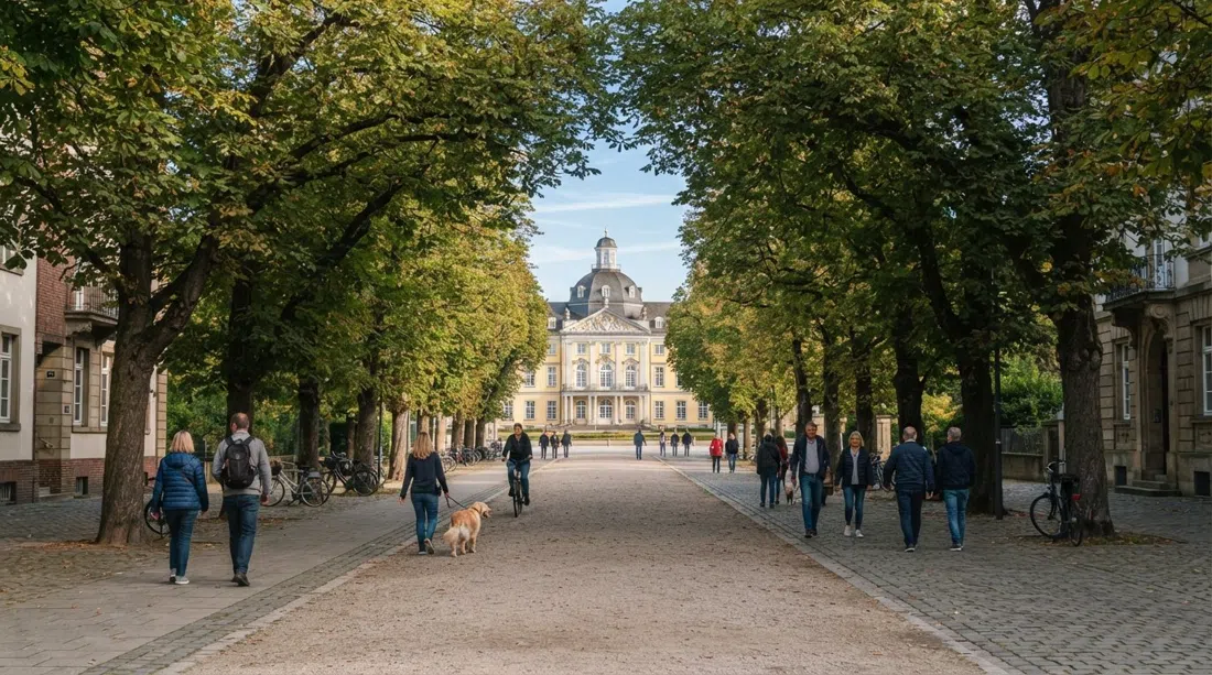 a long view down Poppelsdorfer Allee toward Poppelsdorfer Schloss, chestnut trees arching over the pedestrian promenade in clear morning light
