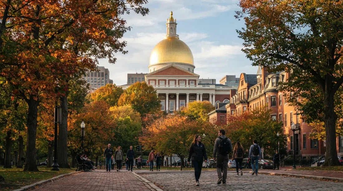 the Massachusetts State House gilded dome above Boston Common in late-afternoon light, seen from below with the brick and treetops of Beacon Hill in the foreground