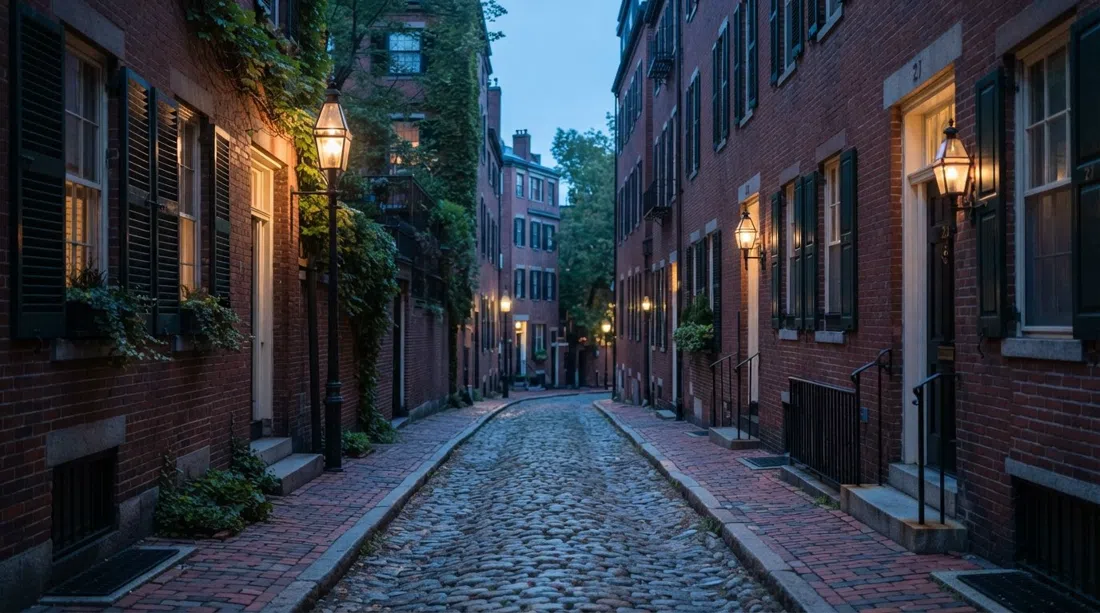 Acorn Street’s narrow cobblestone lane at dawn, empty except for a few gas lamps and brick facades, with soft blue light and no crowds