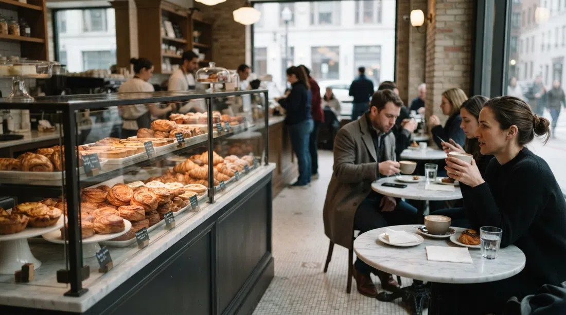 the pastry case and marble tables inside Tatte Bakery & Café at 70 Charles Street, morning light on kouign-amann and coffee cups