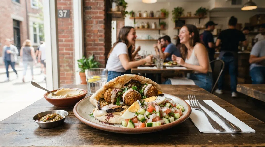 a plated sabich from The Hummus Shop at 37 Charles Street on a simple table, with falafel and hummus in a bright lunchtime setting