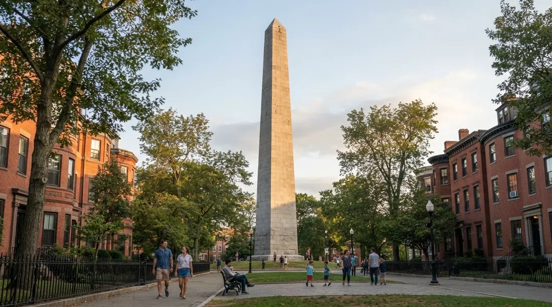 the Bunker Hill Monument rising above Monument Square at late afternoon, granite shaft against a pale Boston sky and brick townhouses below