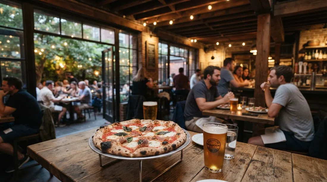a wood-fired pizza and pints at Brewer’s Fork, beamed ceiling and leafy patio light visible through the windows near Hayes Square
