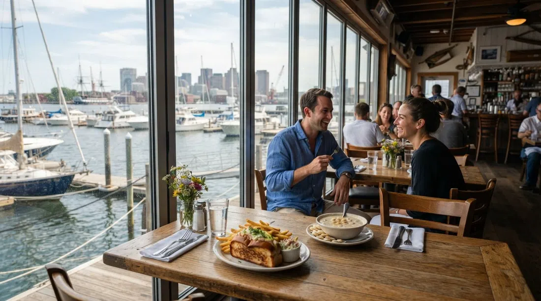the dining room at Pier 6 with floor-to-ceiling glass looking over the Navy Yard marina, a lobster roll and chowder on the table at harbour light