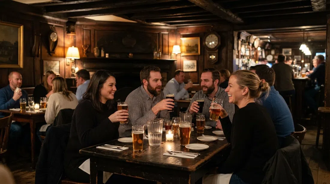 the low-ceilinged interior of Warren Tavern at evening, wood-panelled walls, warm lamps and pints on a crowded table
